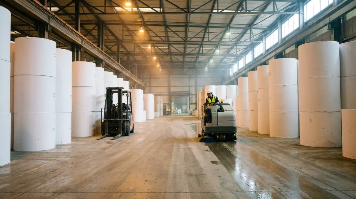Ride-on floor scrubber cleaning a paper mill finished-goods aisle