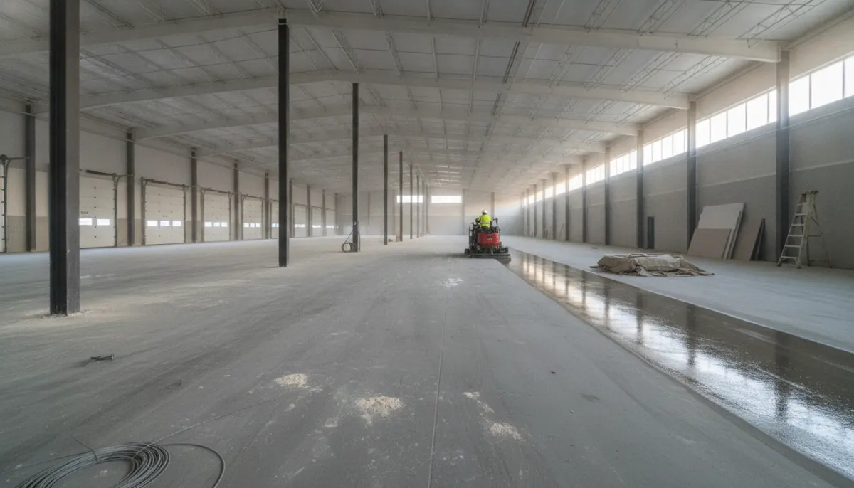 Ride-on floor scrubber cleaning a dusty new warehouse floor after construction