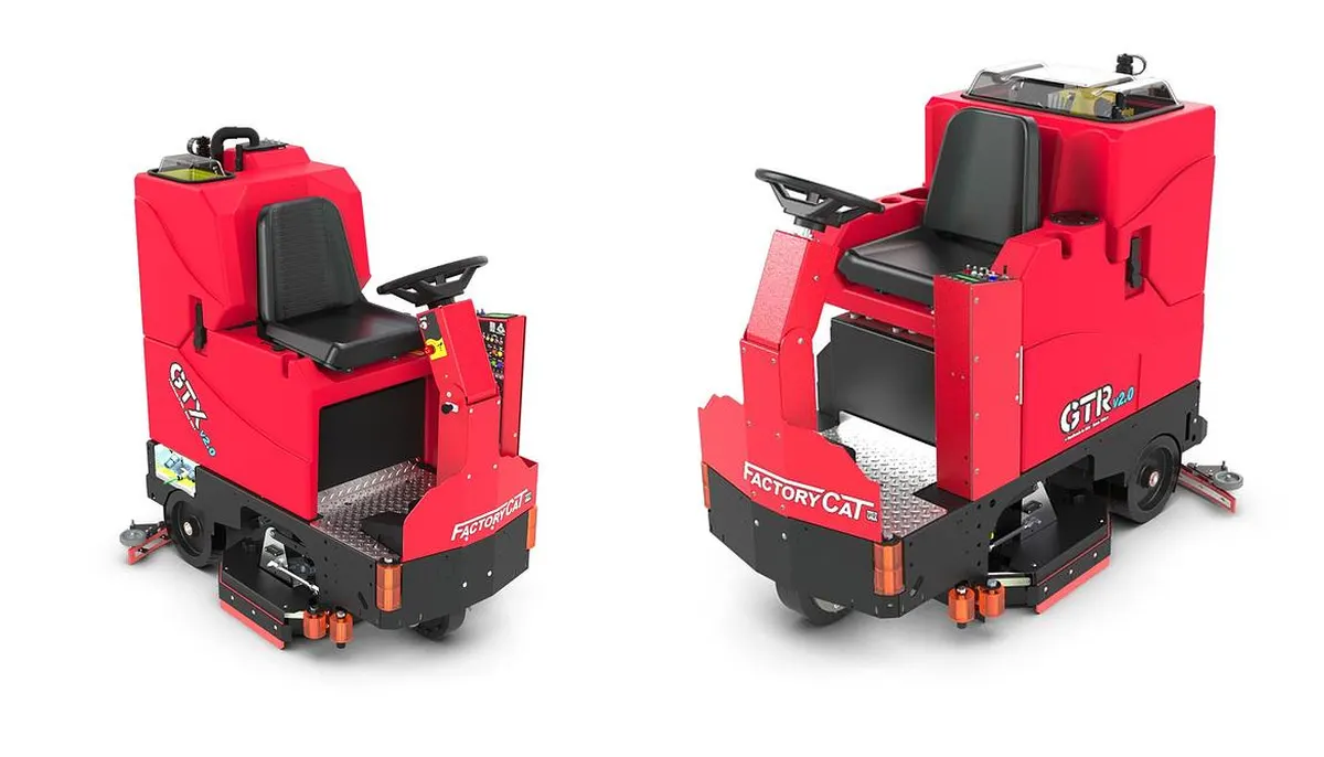 Factory Cat GTX (left) and Factory Cat GTR (right) rider floor scrubbers side by side