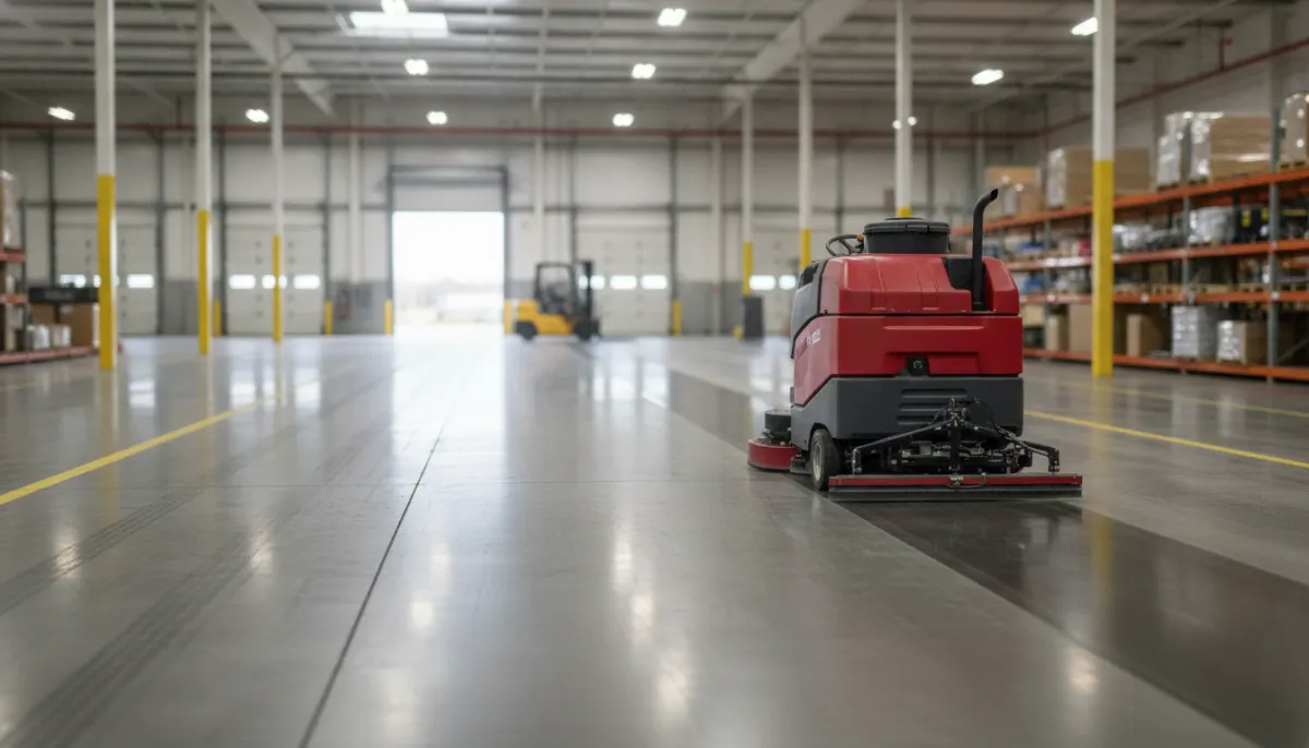 Red ride-on floor scrubber cleaning a warehouse aisle between pallet racking while a forklift waits near the dock doors